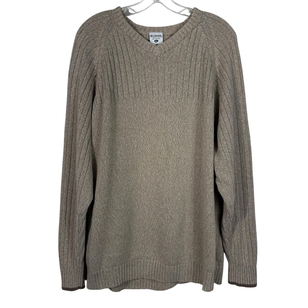 Columbia Vintage Y2K Cotton Brown Beige Ribbed Knit Sweater XL Outdoors Hiking